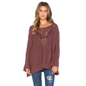 Free People Women Mauve Sheer Front Chunky Knit Pretty Pointelle Vee Sweater Sma